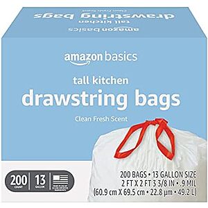 [S&S] $13.68*: 200-Pack 13-Gallon Amazon Basics Tall Kitchen Drawstring Trash Bags (Clean Fresh) at Amazon