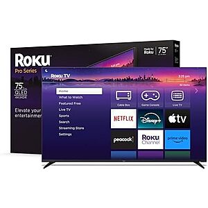 $628.99: 75&Prime; Roku Pro Series 4K QLED RokuTV with Backlit Voice Remote Pro + 25% Back w/ Prime Visa Card at Amazon