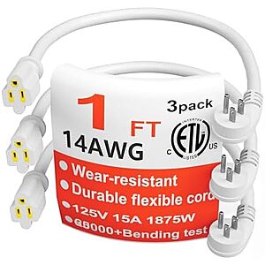 3-Pack 1' HUANCHAIN 14 Gauge Flat Plug Extension Cords $7.60 