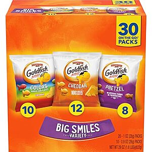 30-Count 0.9oz Goldfish Crackers Big Smiles Variety Pack .10 w/ Subscribe & Save