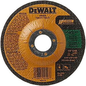 $1.51 | DEWALT 4-1/2" Cut Off Wheel, Concrete/Masonry, 4-1/2" x 1/8" x 7/8" (DW4528) at Amazon
