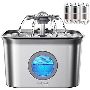 2.8L FEELNEEDY Stainless Steel Dishwasher-Safe Pet Water Fountain w/ 3 Filters $19 