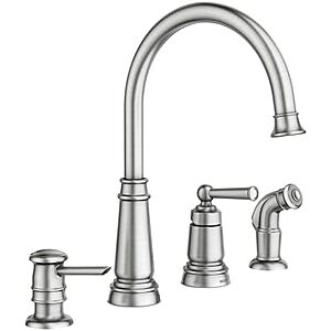 130.06 | Moen 87042SRS Edison Spot Resist Stainless One-Handle High Arc 4-hole Kitchen Faucet with Side Sprayer and Soap Dispenser at Amazon