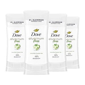 [S&S, AC] $10.56* | 4-Pack 2.6-Oz Dove 0% Aluminum Deodorant Stick (Cucumber & Green Tea) at Amazon ($2.64 each)