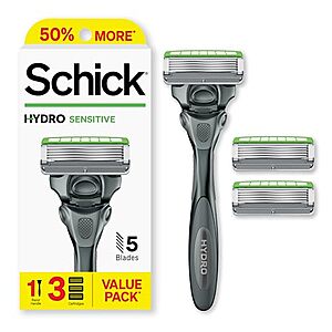 S&S,AC] $7.49* | Schick Hydro Sensitive 5-Blade Razor Starter Kit w/ 1 Handle & 3 Razor Refills at Amazon