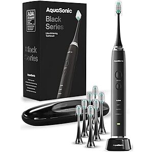 [Lightning Deal] $29.95* | Aquasonic Black Series Ultra Whitening Toothbrush w/ 8 Brush Heads + Travel Case at Amazon