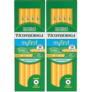 6.76 | 2-Pack 12-Count Ticonderoga Beginner Wood-Cased Pencils,#2 HB Soft,Yellow at Amazon