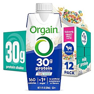 S&S,AC] $10.19 | 12-Pack 11-Oz Orgain 30g High Protein Shake (Fruity Cereal) at Amazon