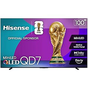 $1697.99* | 100" Hisense QD7 Series 144Hz QLED Mini-LED 4K UHD Smart Fire TV (2025 Model) at Amazon
