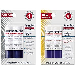 4-Count 0.17-Oz Aquaphor Lip Balm Set (2x Lip Repair & 2x Sunscreen Lip Repair) $8.80 w/ Subscribe & Save