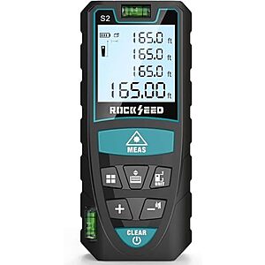 RockSeed 50M/165ft Digital Laser Distance Meter w/ 2 Bubble Levels & Backlit LCD $16 