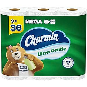 [AC] $38.40* | 4 × 9-Pack 231-Sheets Charmin Toilet Paper Mega Rolls (Ultra Gentle) ($9.60 each) at Amazon