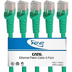 $2.95* | 5-Pack ICC CAT6 Ethernet Patch Cords 10 FT, UTP 24 AWG UL Listed, PoE++ at Amazon