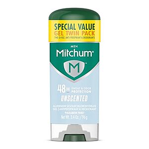 [SnS, AC] $3.98* | 2-Pack 3.4-Oz Mitchum Antiperspirant Deodorant Gel Stick for Men (Unscented) at Amazon ($1.99 each)