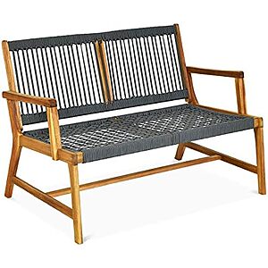 Tangkula Outdoor Acacia Wood Bench Loveseat w/ Teak Oil Finish & Rope Weave $68 + Free S&H