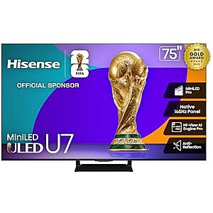 $899.99* | 75" Hisense U7 Series MiniLED QLED 4K UHD 165Hz HDR Smart Google TV (2025) at Amazon
