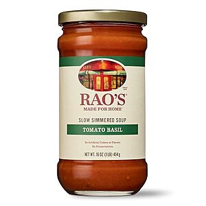 Select Accts: 6pk 16oz Rao's Homemade Slow Simmered Tomato Basil Soup $16 w/ S&S & More