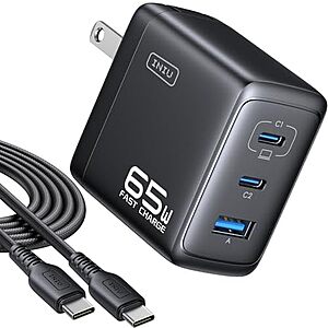 INIU Up to 65W 3-Port Charger Block w/ 5-ft USB-C Cable (2x USB C, 1x USB A) $10.90 