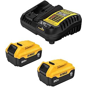 $119 | DEWALT 20V MAX Lithium-Ion Battery 2-Pack and Charger, 5.0 Ah, Battery Starter Kit (DCB205-2c) at Amazon