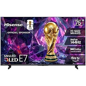 $799.99 | Hisense 75" E7 Cinema Series Hi-QLED Mini-LED 4K UHD Smart Fire TV (75E7SF, 2026 Model) at Amazon