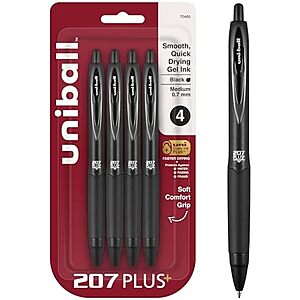 4-Pk uniball 207 Plus+ Retractable Gel Pens (Medium Point, 0.7mm, Black)
