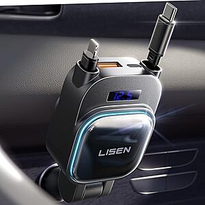 LISEN 4-in-1 Up to 96W Car Charger w/ Retractable USB-C + L Cable $9.90 