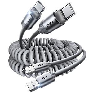 2-Pk 4' LISEN USB A to USB C 3.1A Coiled Carplay Cables (Grey)