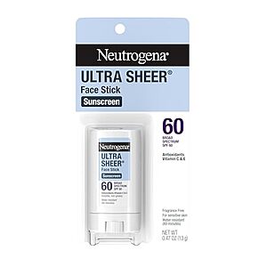0.47-oz Neutrogena Ultra Sheer Stick Sunscreen for Face SPF 60 $3 w/ S&S