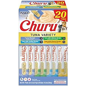 Select Accts: 20-Ct 0.5-Oz Inaba Churu Purée Cat Treats (Tuna Variety Pack) $8.40 w/ S&S