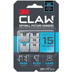 5-Pk 3M Claw Drywall Picture Hanger w/ Temporary Spot Marker (Up to 15 Lbs)