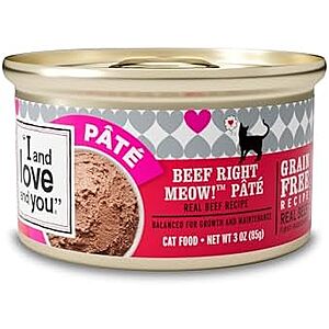 24-Pk 3-Oz I and love and you Wet Cat Food (Beef Right Meow Pate) $10 w/ S&S