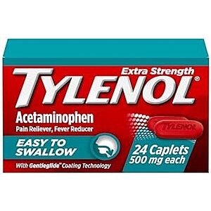 24-Ct Tylenol 500mg Acetaminophen Pain Reliever Coated Caplets (Extra Strength) $1.75 w/ S&S