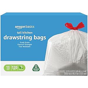120-Ct 13-Gal Amazon Basics Tall Flextra Kitchen Drawstring Trash Bags $10.30 w/ S&S