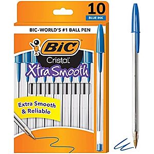 10-Ct BIC Cristal Xtra Smooth 1.0mm Medium Point Ballpoint Pens (Blue)