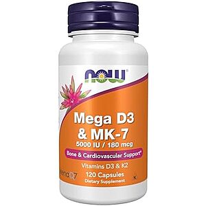 120-Count NOW Supplements Mega D-3 (5000 IU) & MK-7 (180 mcg) $3.25 w/ S&S