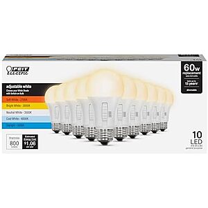 10-Pk Feit Electric A19 Dimmable LED Light Bulb Replacement (60W, 2700K-5000K)