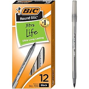 12-Ct. BIC Round Stic Xtra Life Ballpoint Pens (Black, Medium Point 1.0mm)
