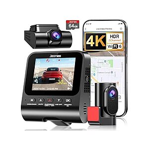 JZONES 4K Dash Cam Front & 1080p Rear w/ 170° Angle HDR Night Vision & 64GB Card $40 + Free S&H w/ Prime