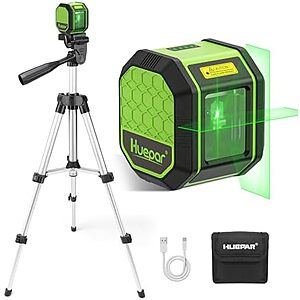 100' HUEPAR Rechargeable USB-C Green Cross Line Laser Level w/ Tripod