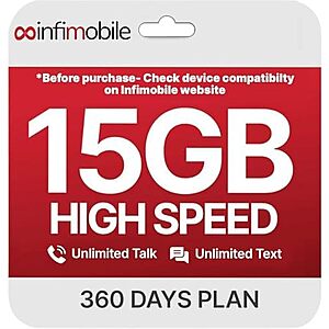 12-Month Infimobile Unlimited Talk & Text + 15GB Data / Mo. Plan $112 + Free S&H