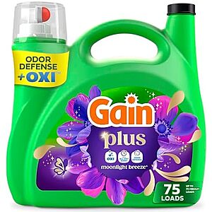 Select Accts: 99-Oz Gain Plus w/ Oxi Liquid Laundry Detergent (Moonlight Breeze) $7.65 w/ S&S