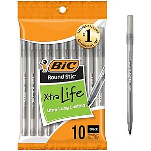 10-Ct BIC BIC Round Stic Xtra Life Ballpoint Pens (Black, 1.0mm / Medium Point) $0.95 w/ S&S & More