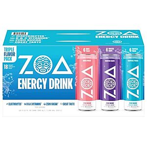 Select Accounts: 18-Pk 12-Oz ZOA Zero Sugar Energy Drinks (Variety Pack) $13.75 w/ S&S