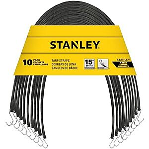 10-Pk 15" STANLEY Natural Rubber Tarp Straps w/ Zinc Plated S-Hooks