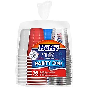76-Ct Hefty Party On! Disposable Plastic Party Cups (16-Oz & 18-Oz, Patriotic Assorted)