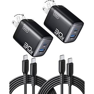 2-Pk INIU 30W GaN Mini USB-C/A Wall Charger w/ 2x 5' USB-C Cable (Black)