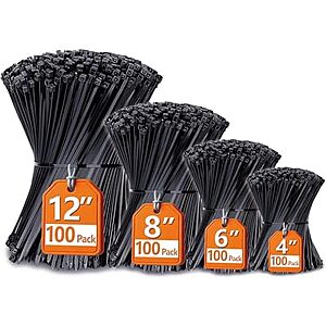 400-Pk ANOSON Cable Zip Ties (Black, various sizes 4"-12")