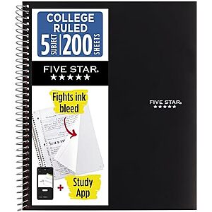 Five Star 5-Subject College Ruled Spiral Notebook (8-1/2"-11", 200 Sheets, Black)