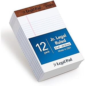 12-Pk TOPS 5" x 8" 50 Sheet Legal Ruled Bright White Paper Pads