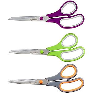 3-Pk Amazon Basics Stainless Steel Scissors (Grey/Green/Purple)